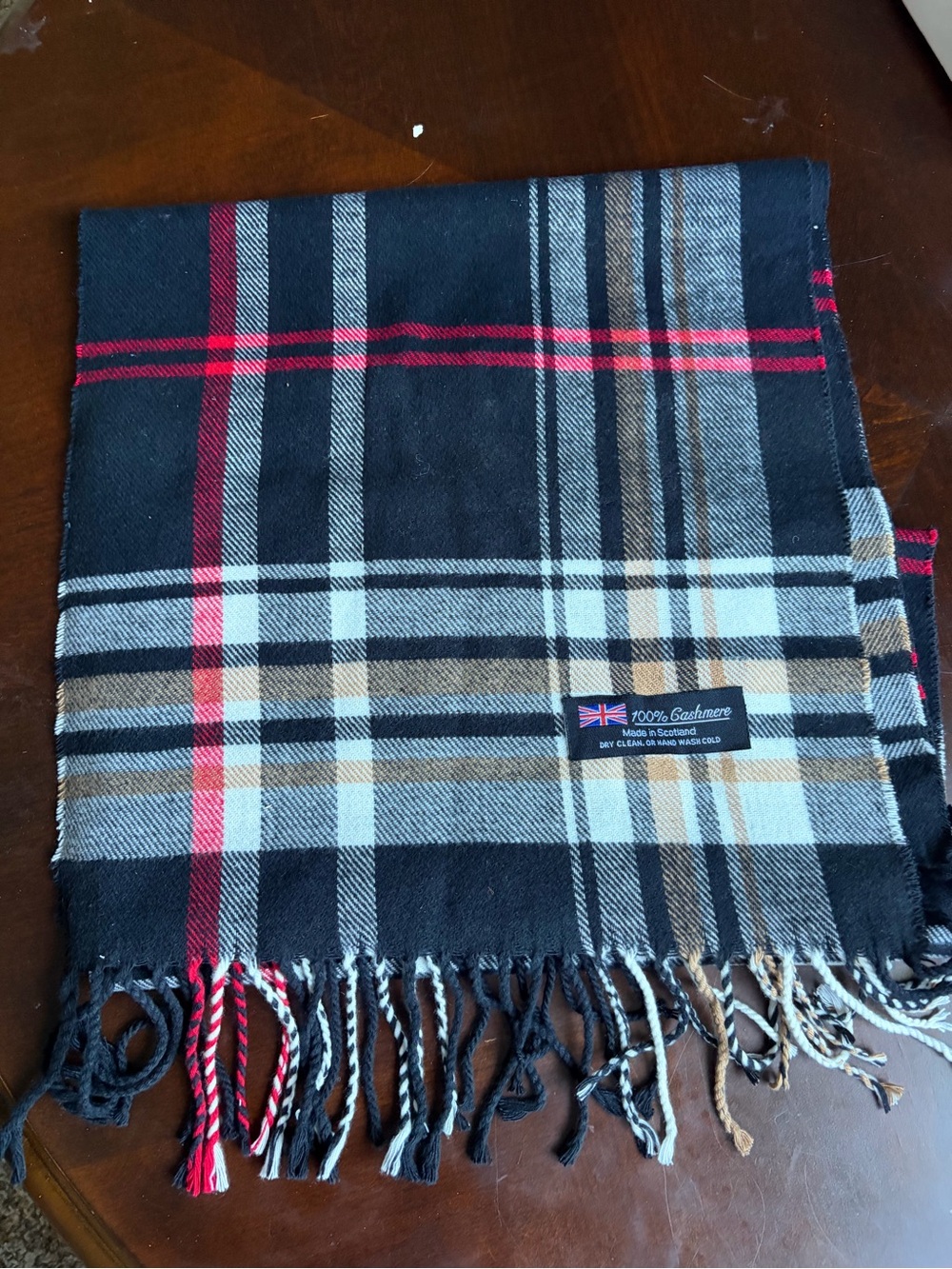 100% Cashmere Plaid Scarf - Black, Tan & Red 66” - Picture 4 of 4